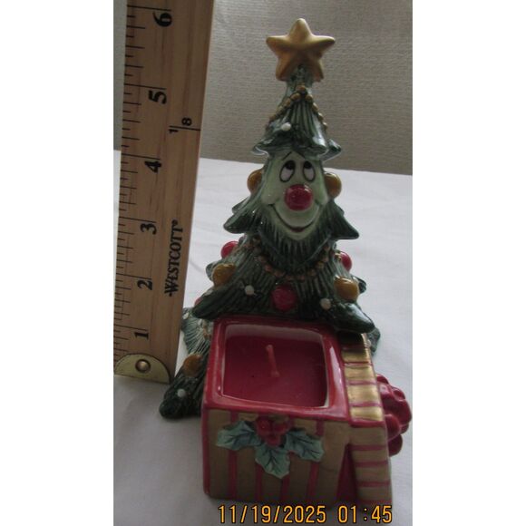 Fitz and Floyd Wee Christmas Tree ceramic with red candle candle holder smiley - Picture 10 of 10
